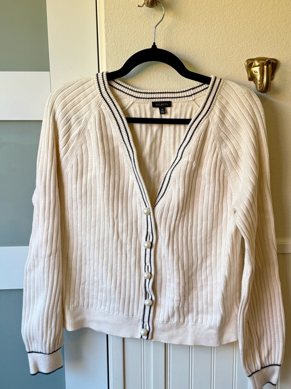 Talbots Cream Cardigan with Navy Trim and Pearl Buttons Medium